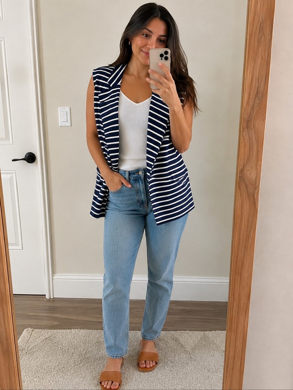 Navy & White Striped Sleeveless Blazer Vest